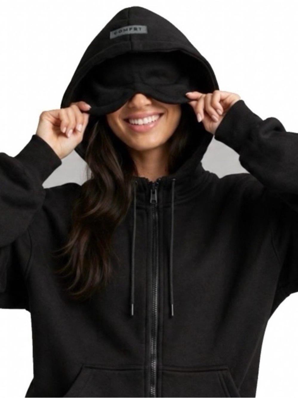 COMFRT Airplane Mode Travel Black Zip HOODIE Sweatshirt - Zip Pockets & Eye Mask